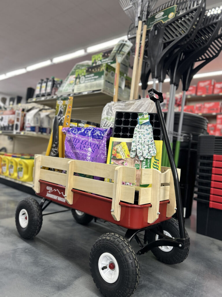 Red wagon cart with garden products and soil inside